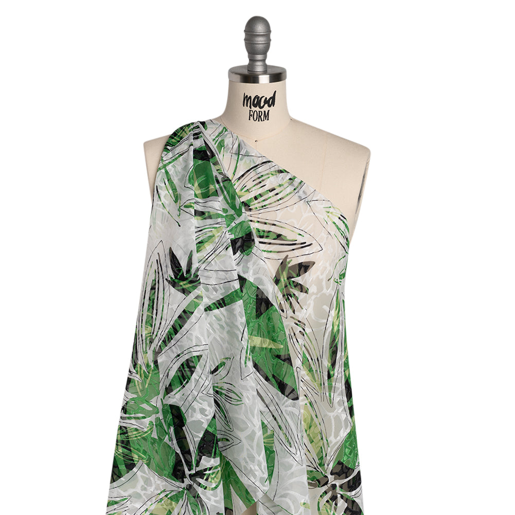 Polyester Burnout Brocade Print - White, Green and Black Floral - Designer Deadstock