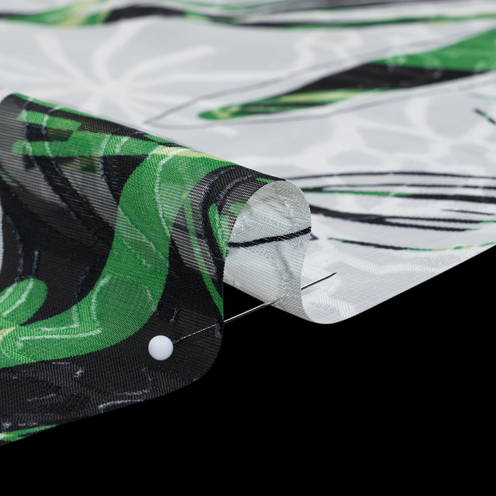 Polyester Burnout Brocade Print - White, Green and Black Floral - Designer Deadstock