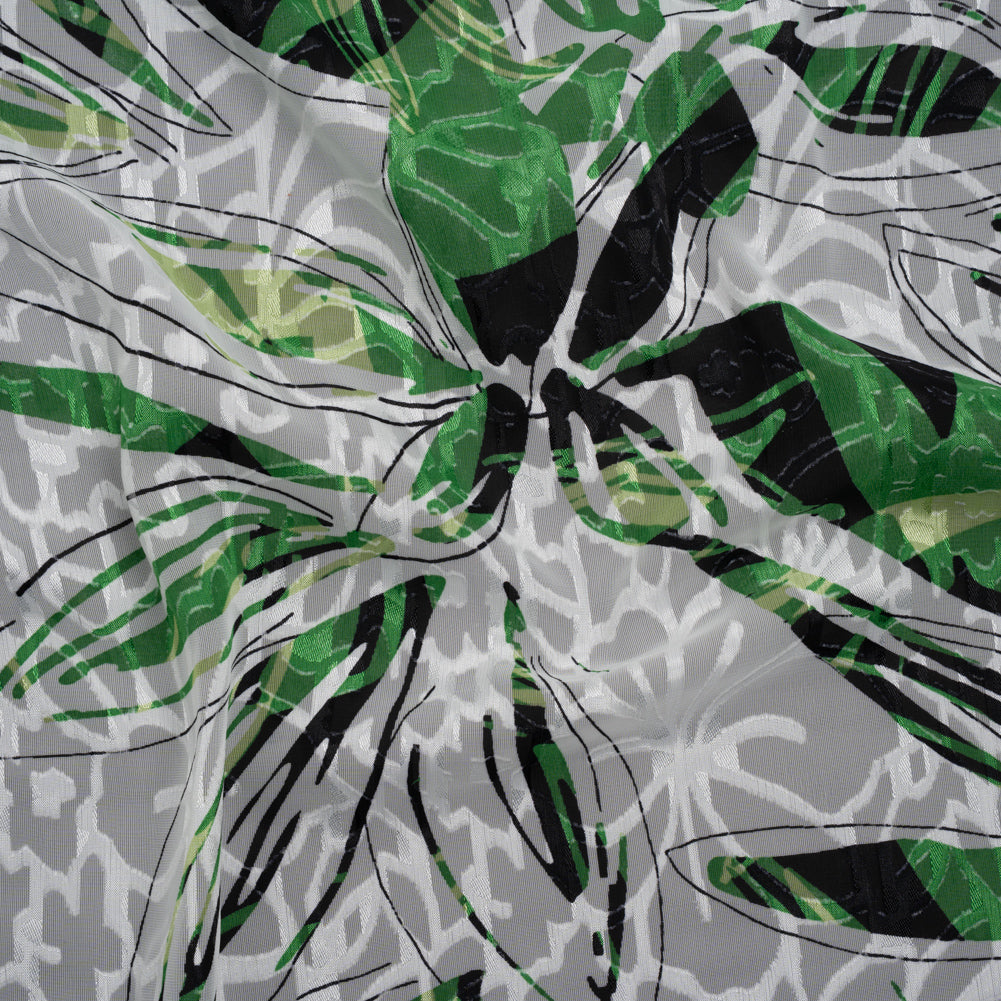 Polyester Burnout Brocade Print - White, Green and Black Floral - Designer Deadstock