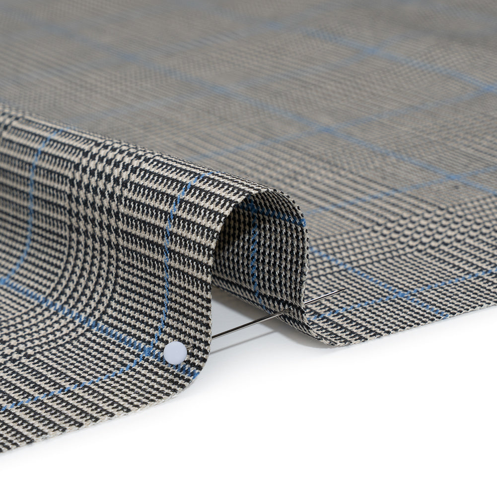 Wool Suiting Made in Italy - Black, White and Sky Blue Glen Plaid - Deadstock