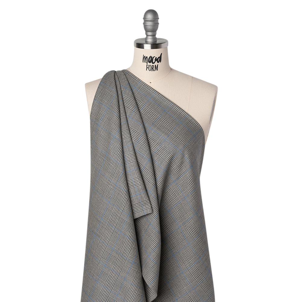 Wool Suiting Made in Italy - Black, White and Sky Blue Glen Plaid - Deadstock