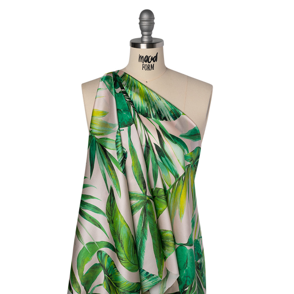 Silk Charmeuse Print 16MM, Made in Italy - Cream and Green Tropical Leaves