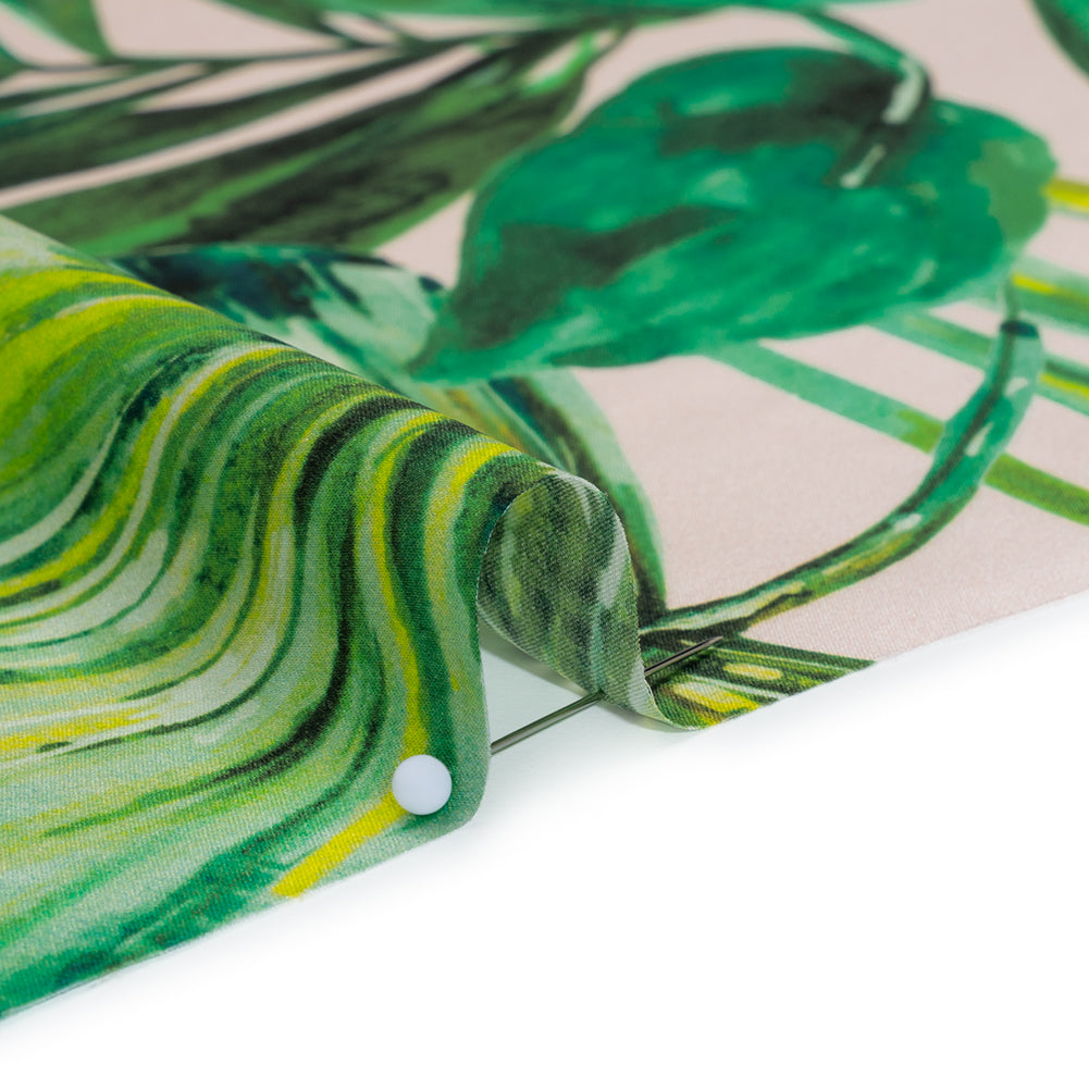 Silk Charmeuse Print 16MM, Made in Italy - Cream and Green Tropical Leaves