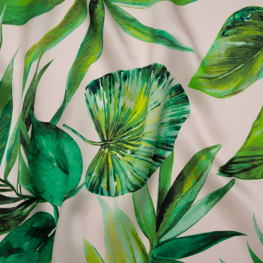 Silk Charmeuse Print 16MM, Made in Italy - Cream and Green Tropical Leaves