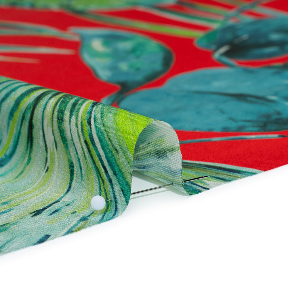 Silk Charmeuse Print 16MM, Made in Italy - Red and Green Tropical Leaves