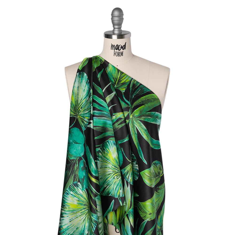 Silk Charmeuse Print 16MM, Made in Italy - Black and Green Tropical Leaves
