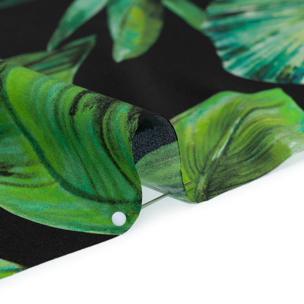 Silk Charmeuse Print 16MM, Made in Italy - Black and Green Tropical Leaves