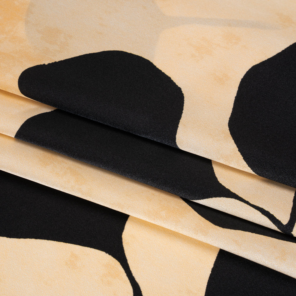 Silk Charmeuse Print 16MM, Made in Italy - Mottled Beige and Black Plant Silhouettes Border