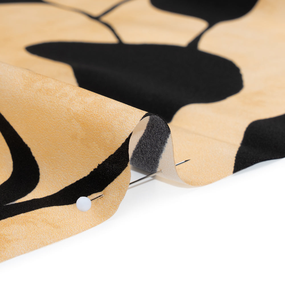 Silk Charmeuse Print 16MM, Made in Italy - Mottled Beige and Black Plant Silhouettes Border