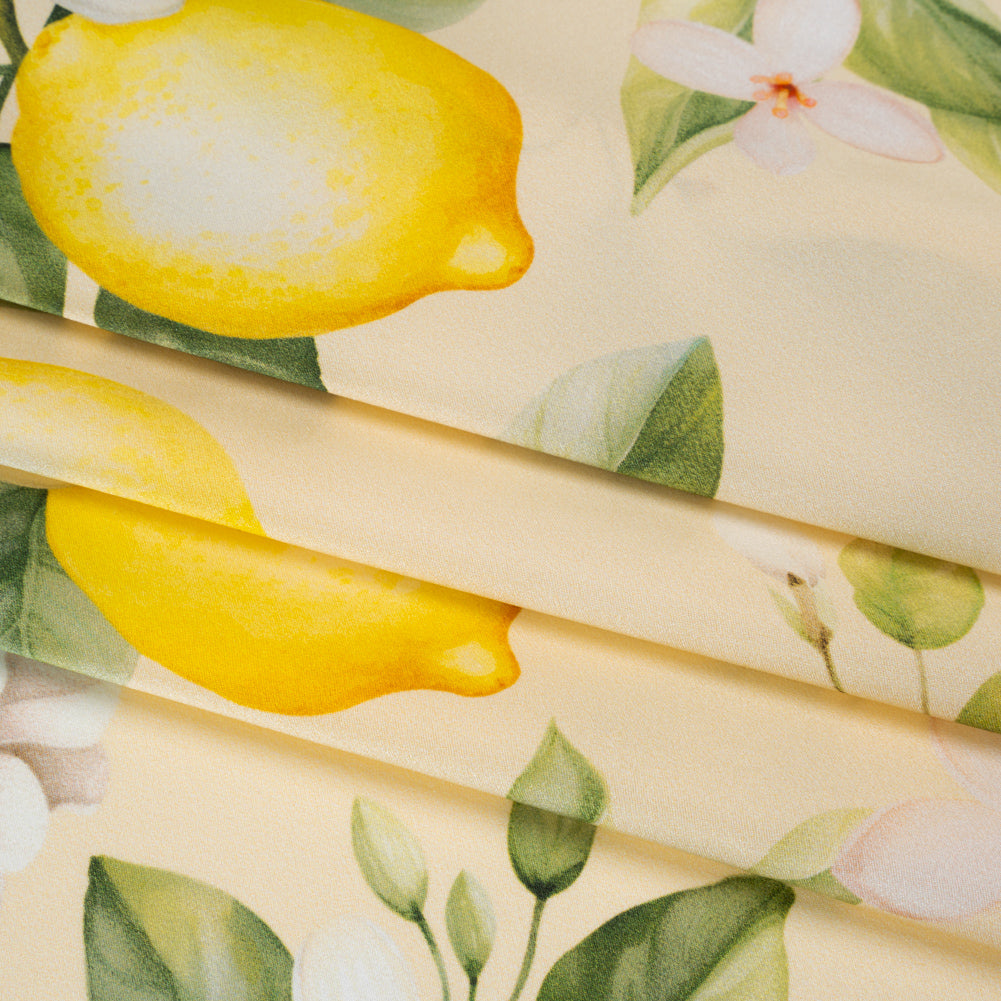 Silk Charmeuse Print 16MM, Made in Italy - Cream, Green and Yellow Blossoming Lemon Tree