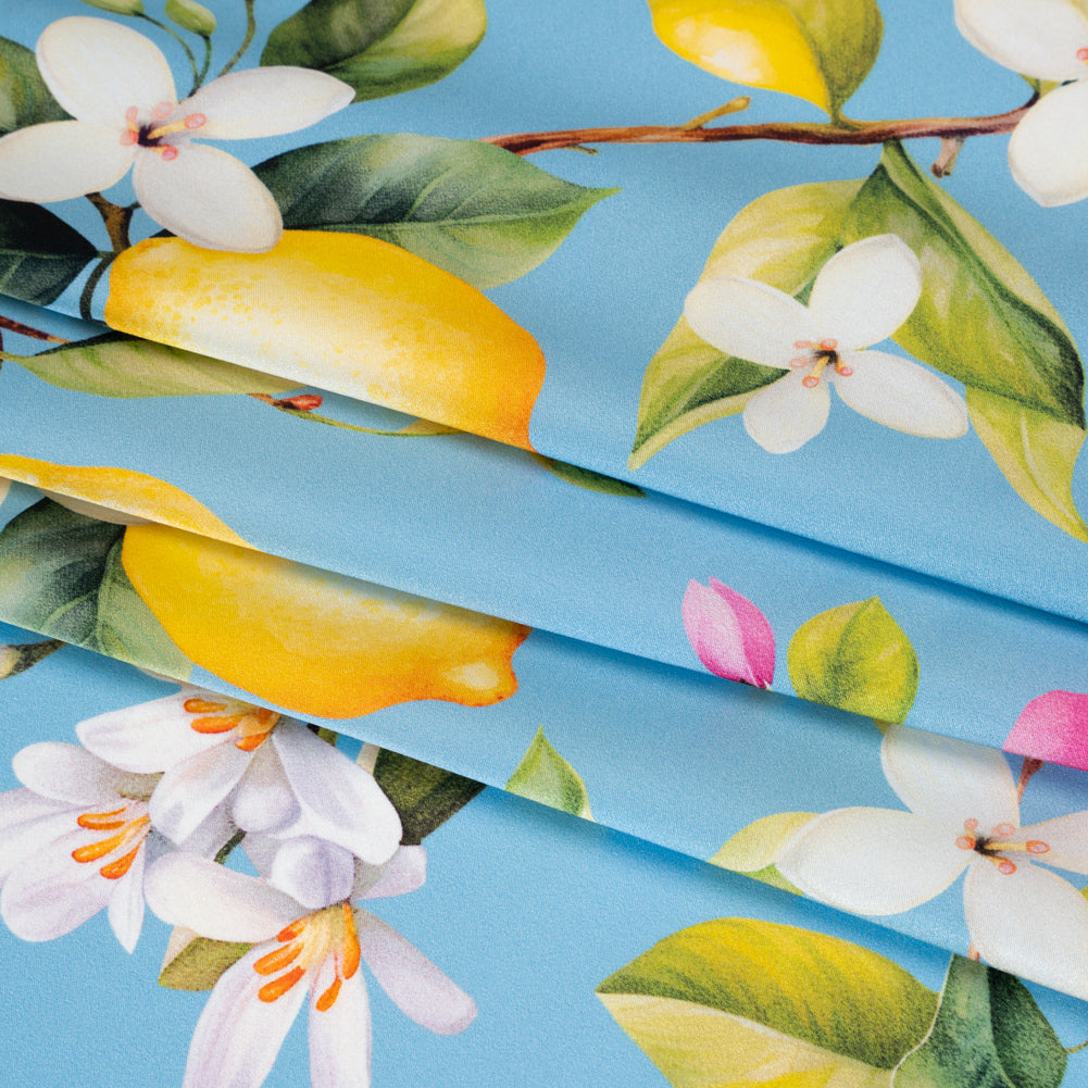Silk Charmeuse Print 16MM, Made in Italy - Sky Blue, Green and Yellow Blossoming Lemon Tree