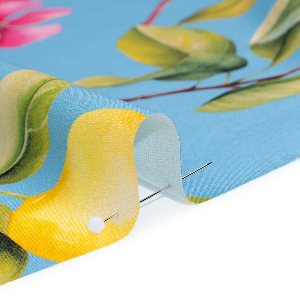 Silk Charmeuse Print 16MM, Made in Italy - Sky Blue, Green and Yellow Blossoming Lemon Tree
