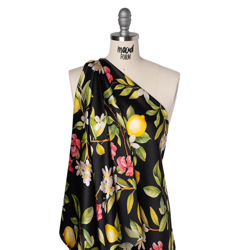Silk Charmeuse Print 16MM, Made in Italy - Black, Green and Yellow Blossoming Lemon Tree
