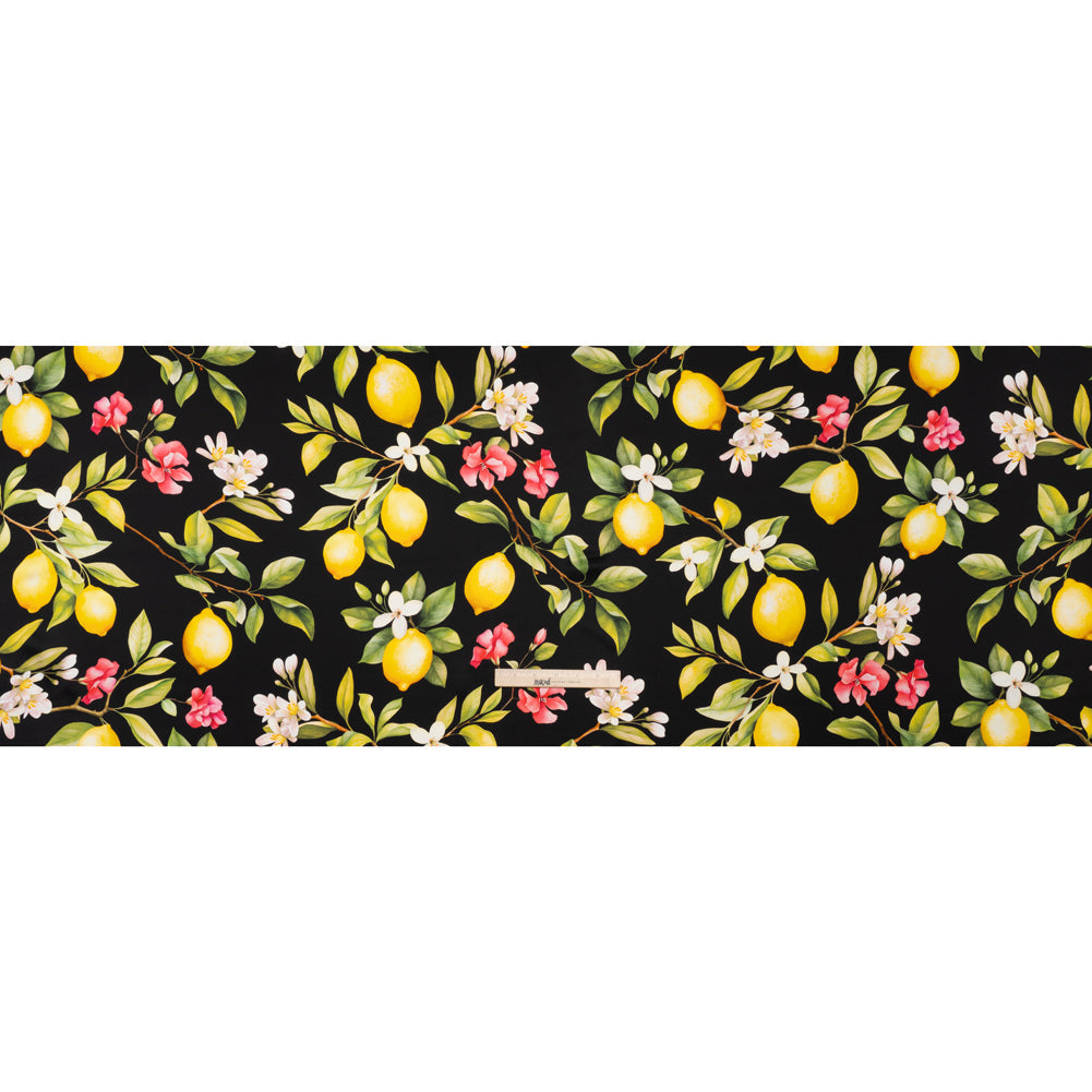 Silk Charmeuse Print 16MM, Made in Italy - Black, Green and Yellow Blossoming Lemon Tree