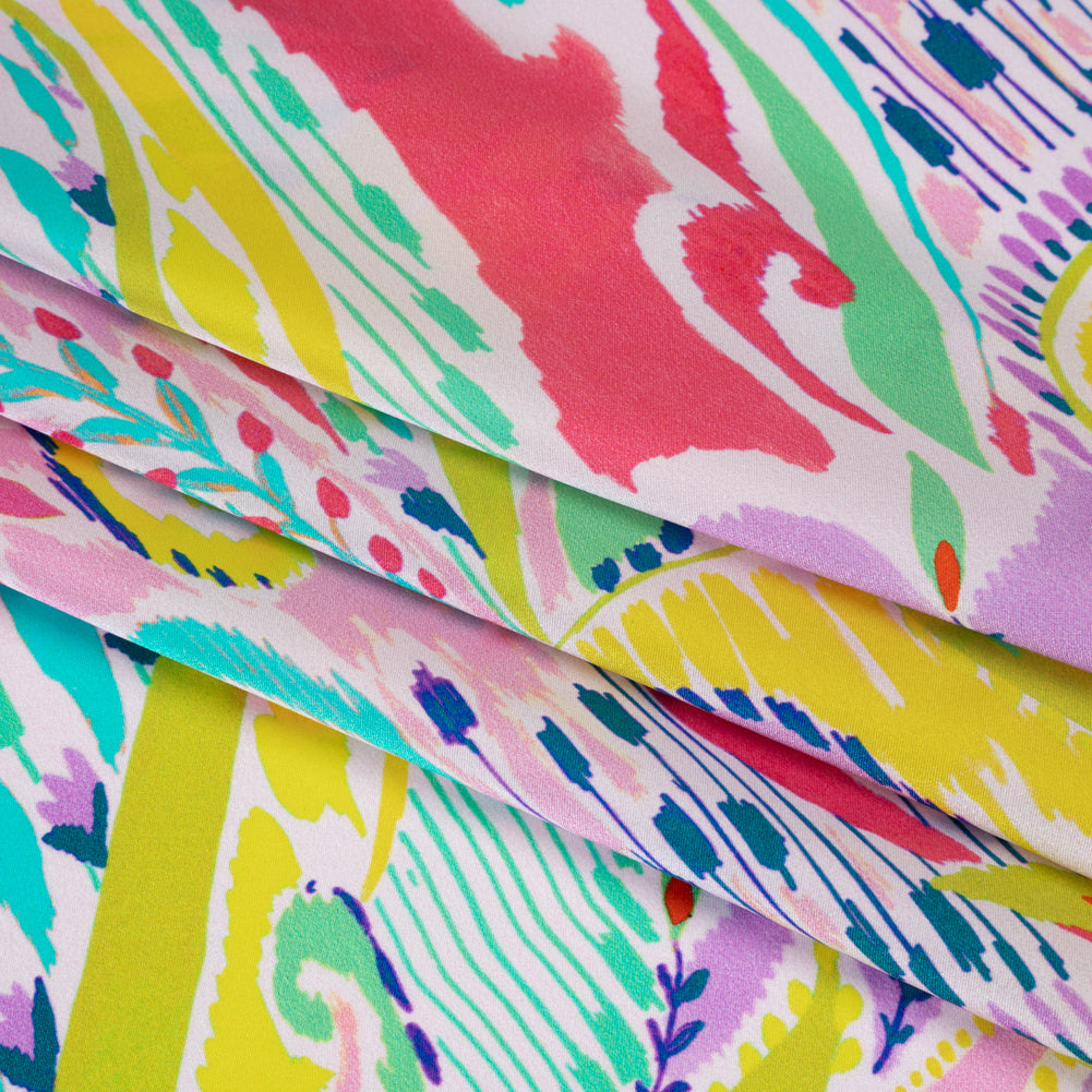 Silk Charmeuse Print 16MM, Made in Italy - White, Yellow and Purple Painterly Ikat Paisley