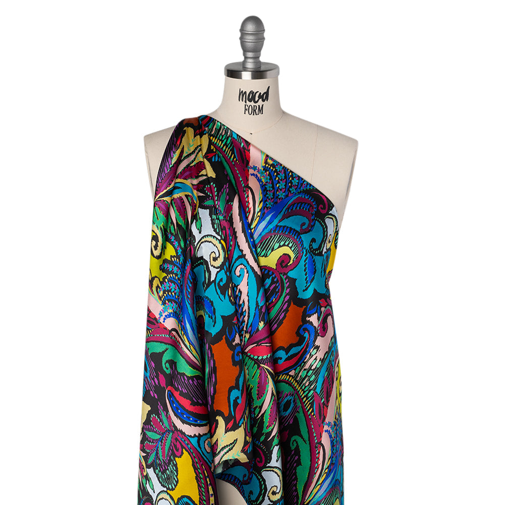 Silk Charmeuse Print 16MM, Made in Italy - Black, Turquoise and Berry Red Painterly Ikat Paisley