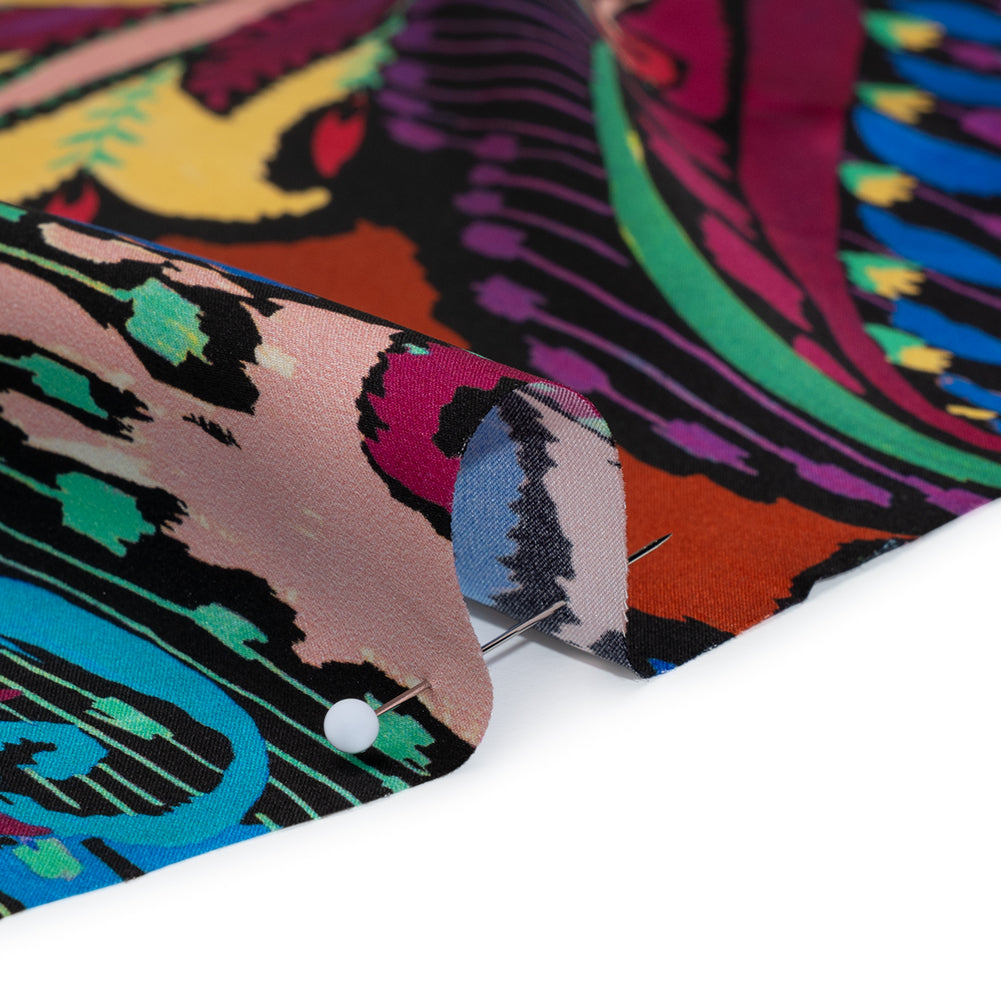 Silk Charmeuse Print 16MM, Made in Italy - Black, Turquoise and Berry Red Painterly Ikat Paisley