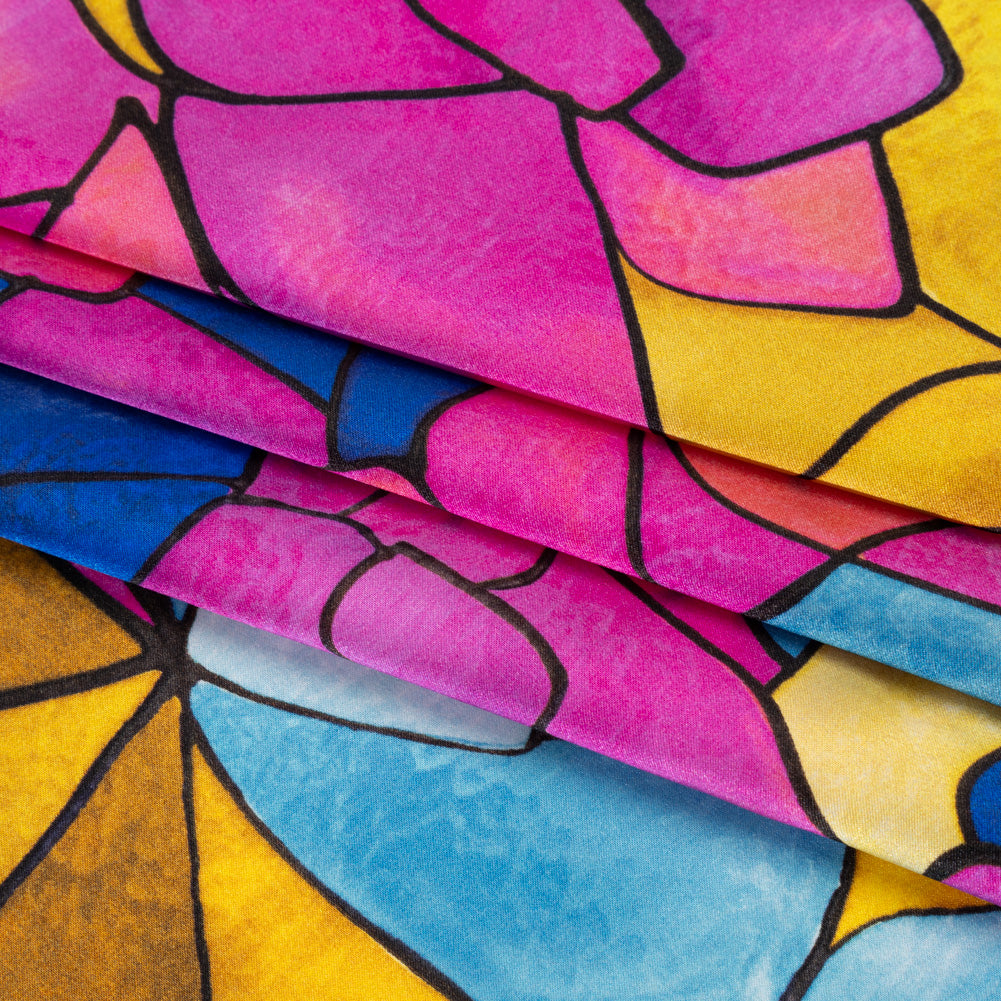 Silk Charmeuse Print 16MM, Made in Italy - Bright Pink, Golden Yellow and Blue Stained Glass Roses