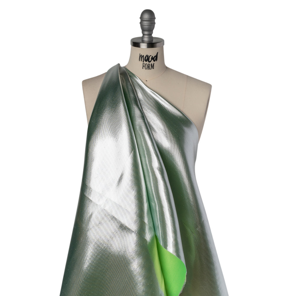 Double Faced Lame Mikado - Neon Green and Silver - Sara Collection
