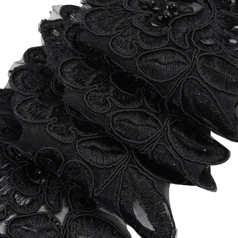 Yaya Han Corded Embroidered Lace Trim with Sequins and Beading - Black Fantasy Flowers, 3.5" - Cosplay Collection