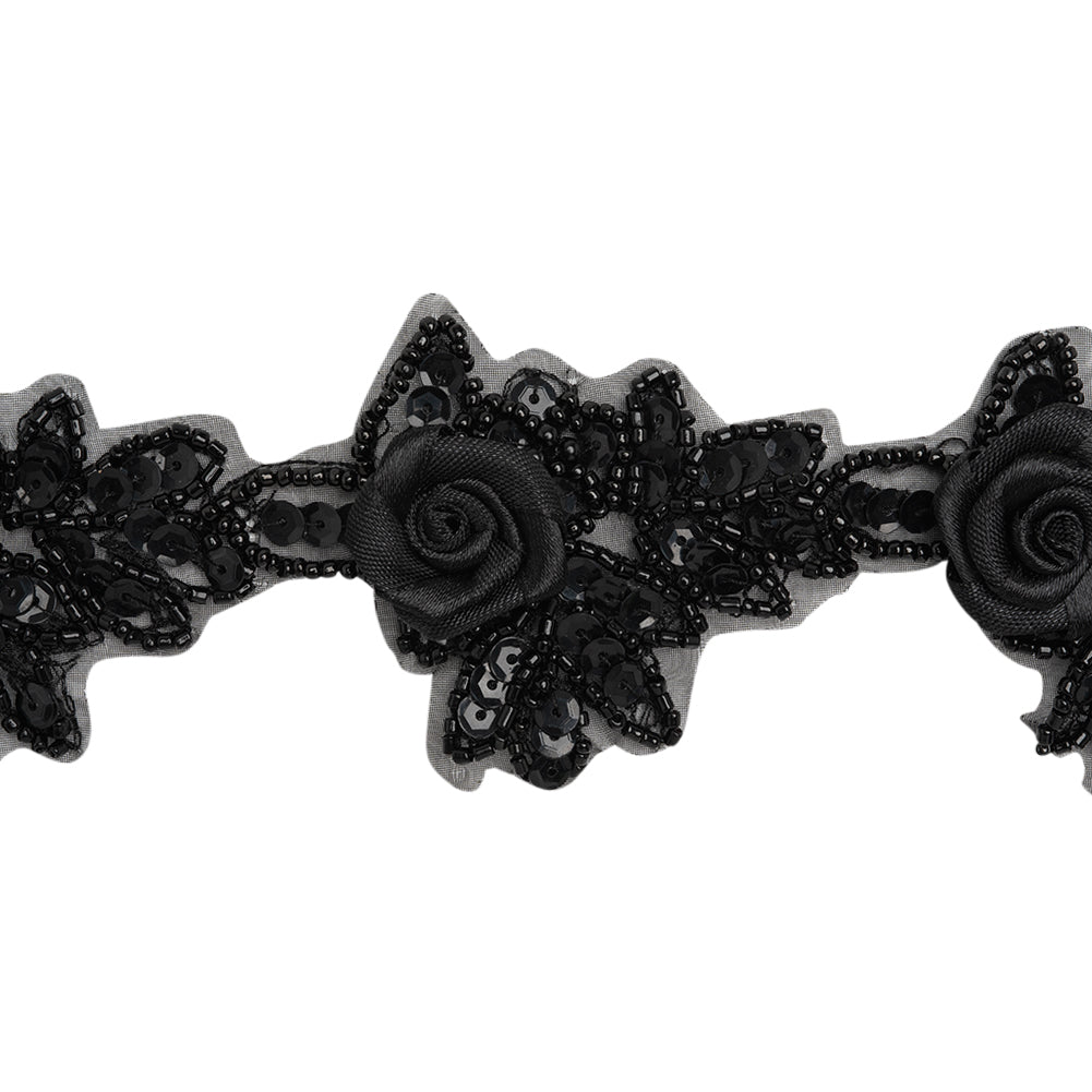Yaya Han Beaded and Sequins Trim with 3D Roses - Black Floral, 2.5" - Cosplay Collection