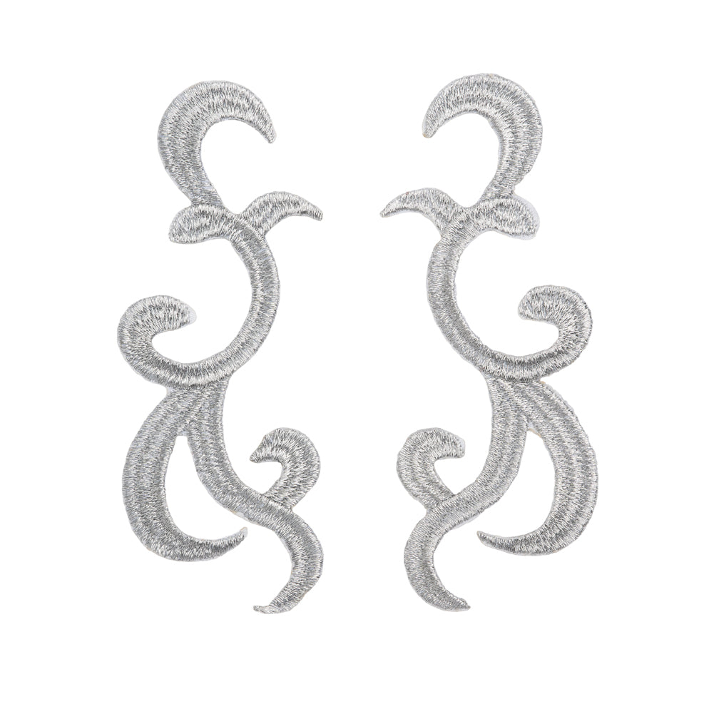 Yaya Han Iron-On Metallic Embroidered Applique Pair - Silver Swirls, 4.25" x 3.25" - Cosplay Collection