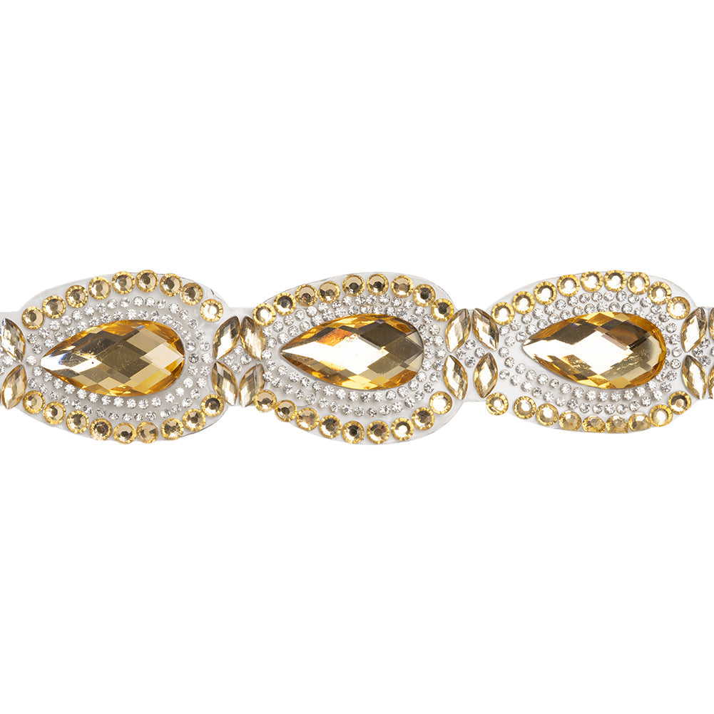 Yaya Han Iron-On Princess Crystal Rhinestone Trim - Gold and Clear Outlined Teardrops, 1.375" - Cosplay Collection