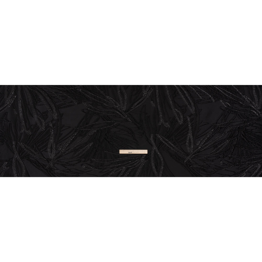 Metallic Polyester and Acetate Brocade - Black on Black Bunches of Leaves