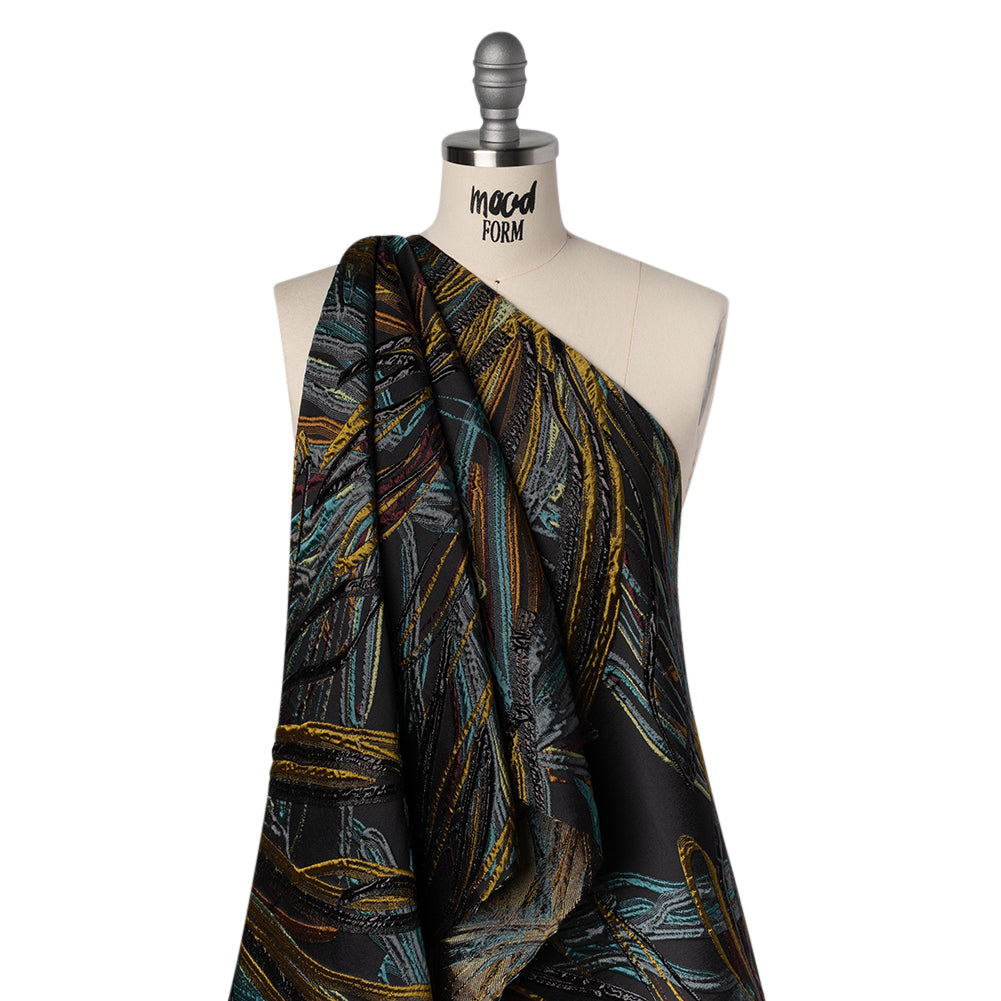 Metallic Polyester and Acetate Brocade - Dusty Teal, Mustard Yellow and Black Bunches of Leaves