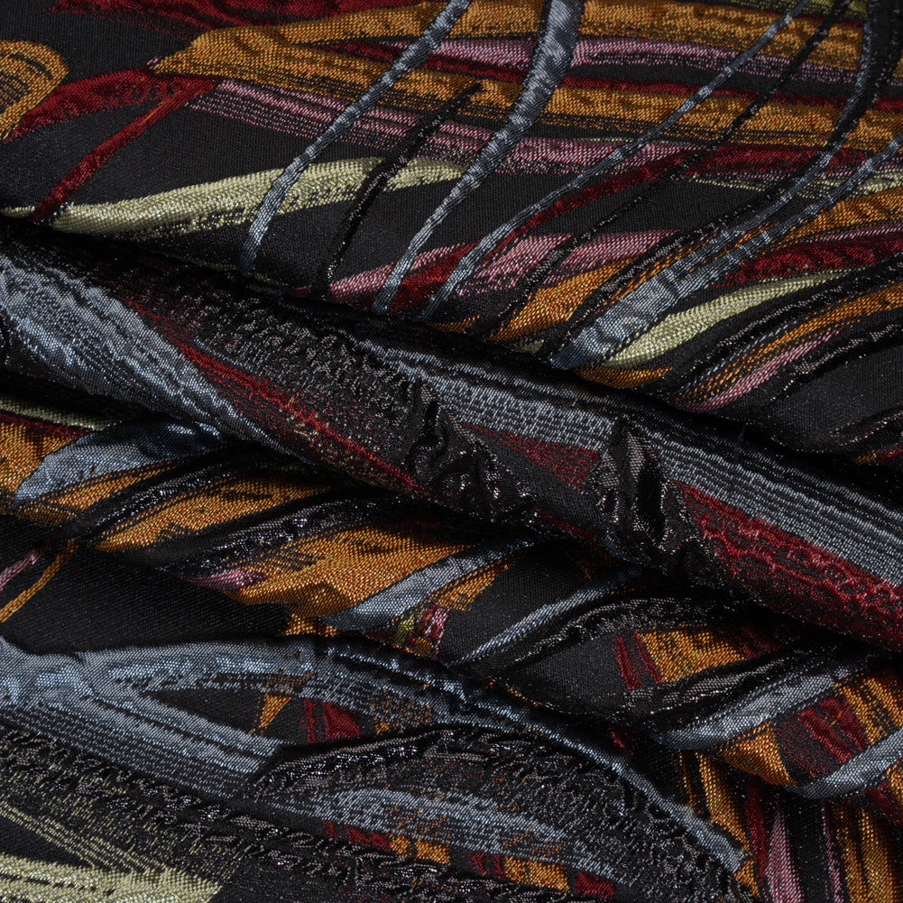 Metallic Polyester and Acetate Brocade - Golden Orange, Dusty Blue and Black Bunches of Leaves