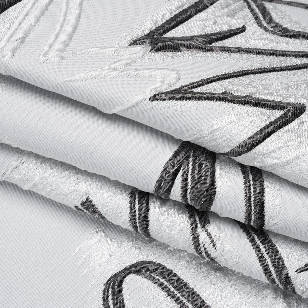 Metallic Polyester and Acetate Brocade - Silver, Charcoal and White Abstracted Flower Outlines