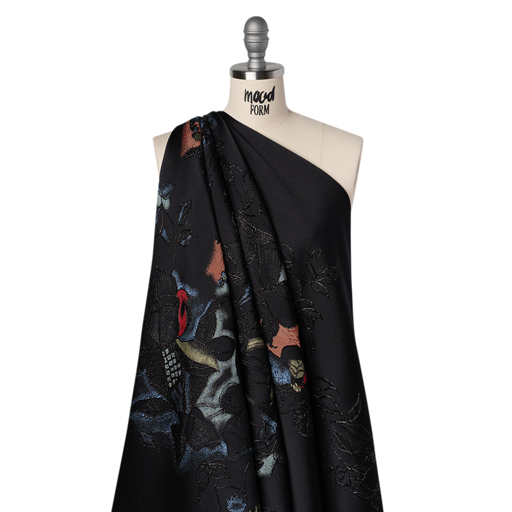 Metallic Rayon and Polyester Brocade Panel - Black, Orange and Blue Flower Bunches