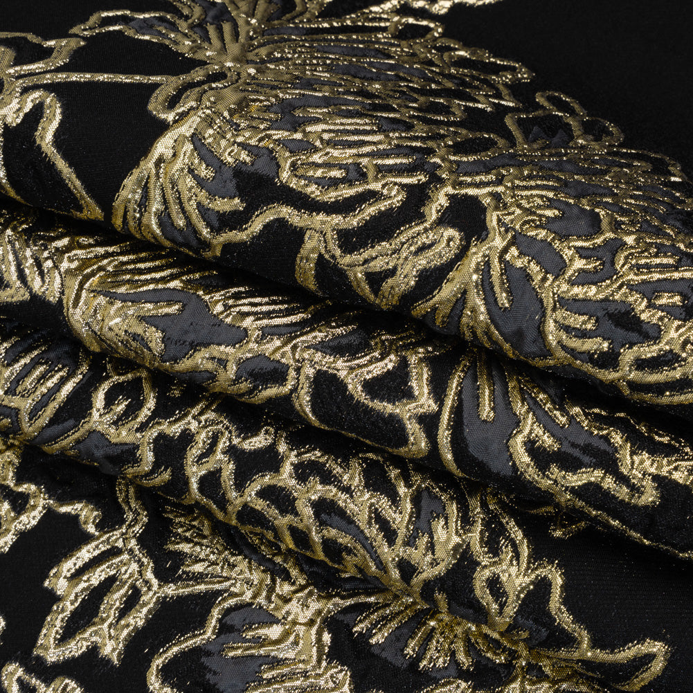 Metallic Polyester Blend Brocade - Black, Charcoal and Gold Fancy Flowers