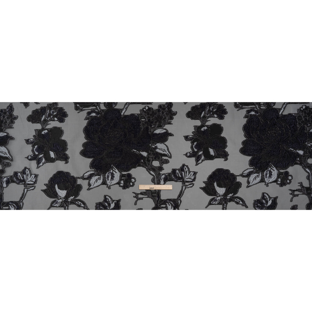 Metallic Polyester and Acetate Burnout Brocade - Light Gray, Midnight Navy and Black Rose Garden