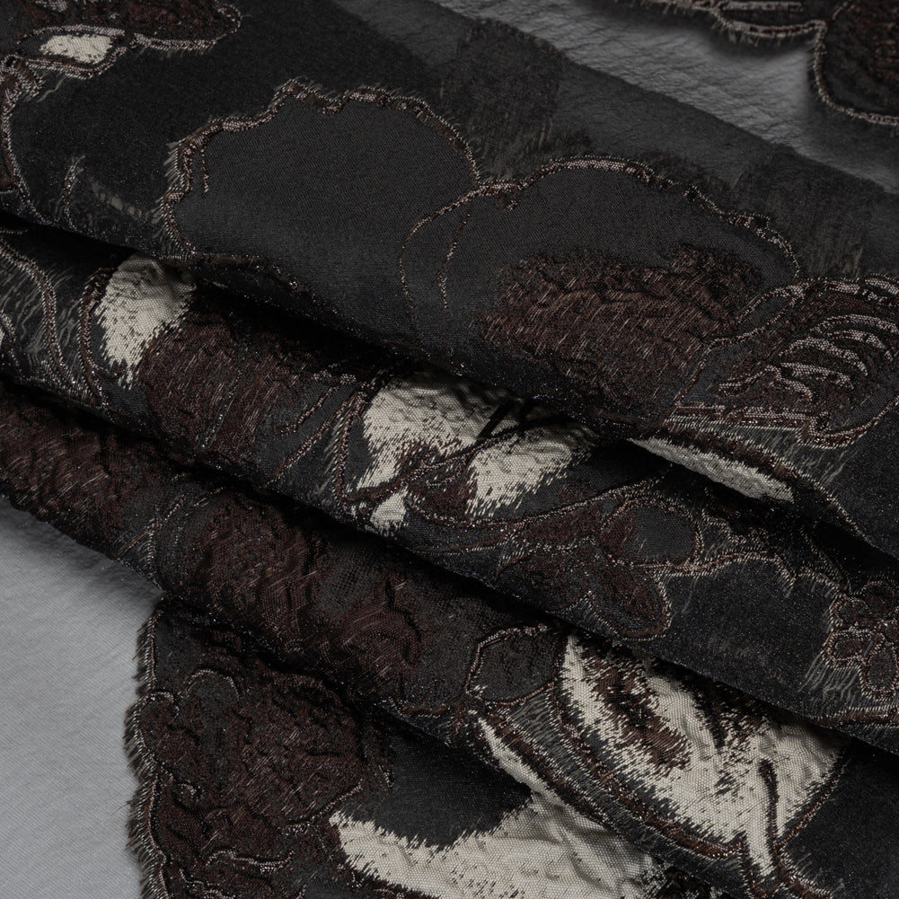 Metallic Polyester and Acetate Burnout Brocade - Beige, Dark Brown and Black Rose Garden