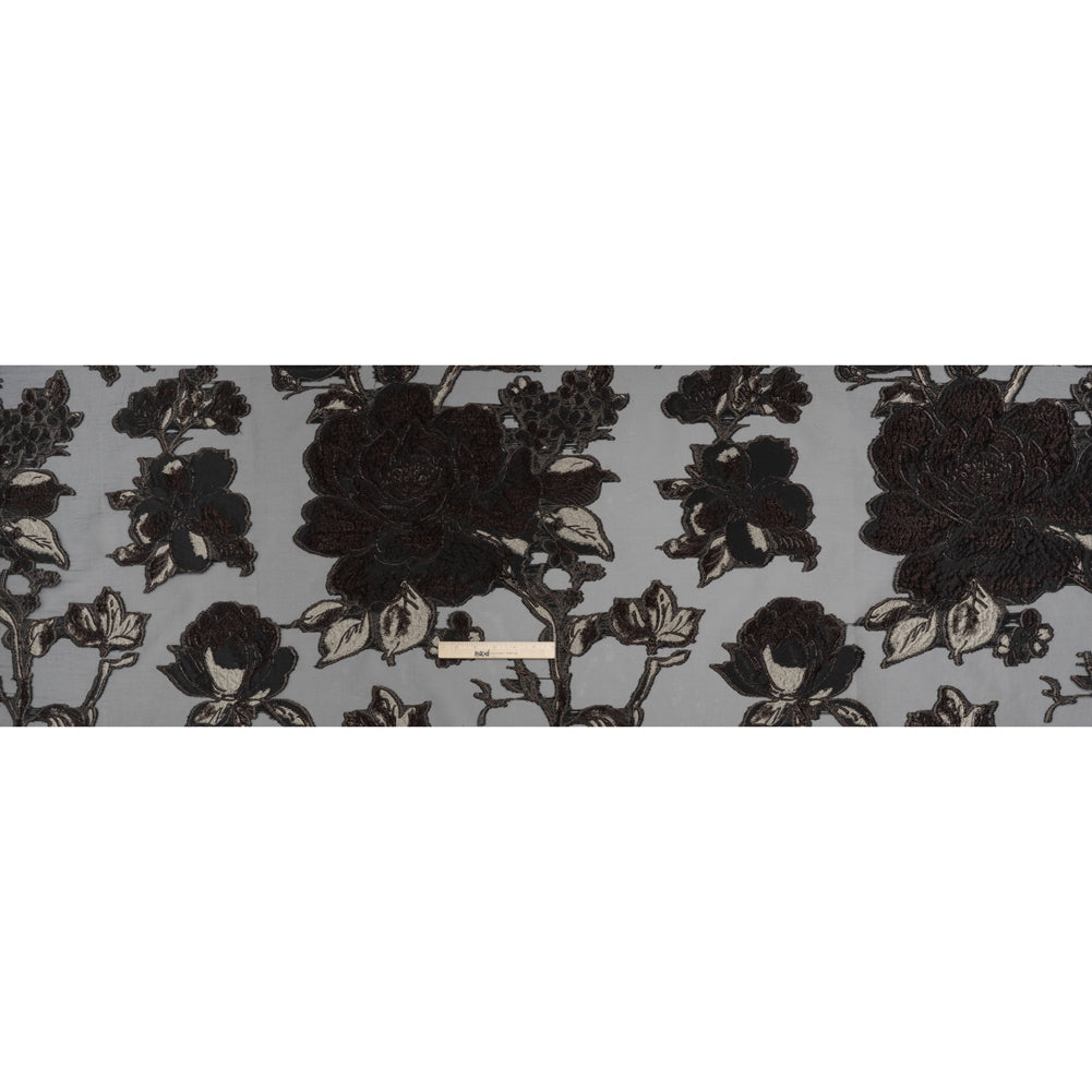 Metallic Polyester and Acetate Burnout Brocade - Beige, Dark Brown and Black Rose Garden