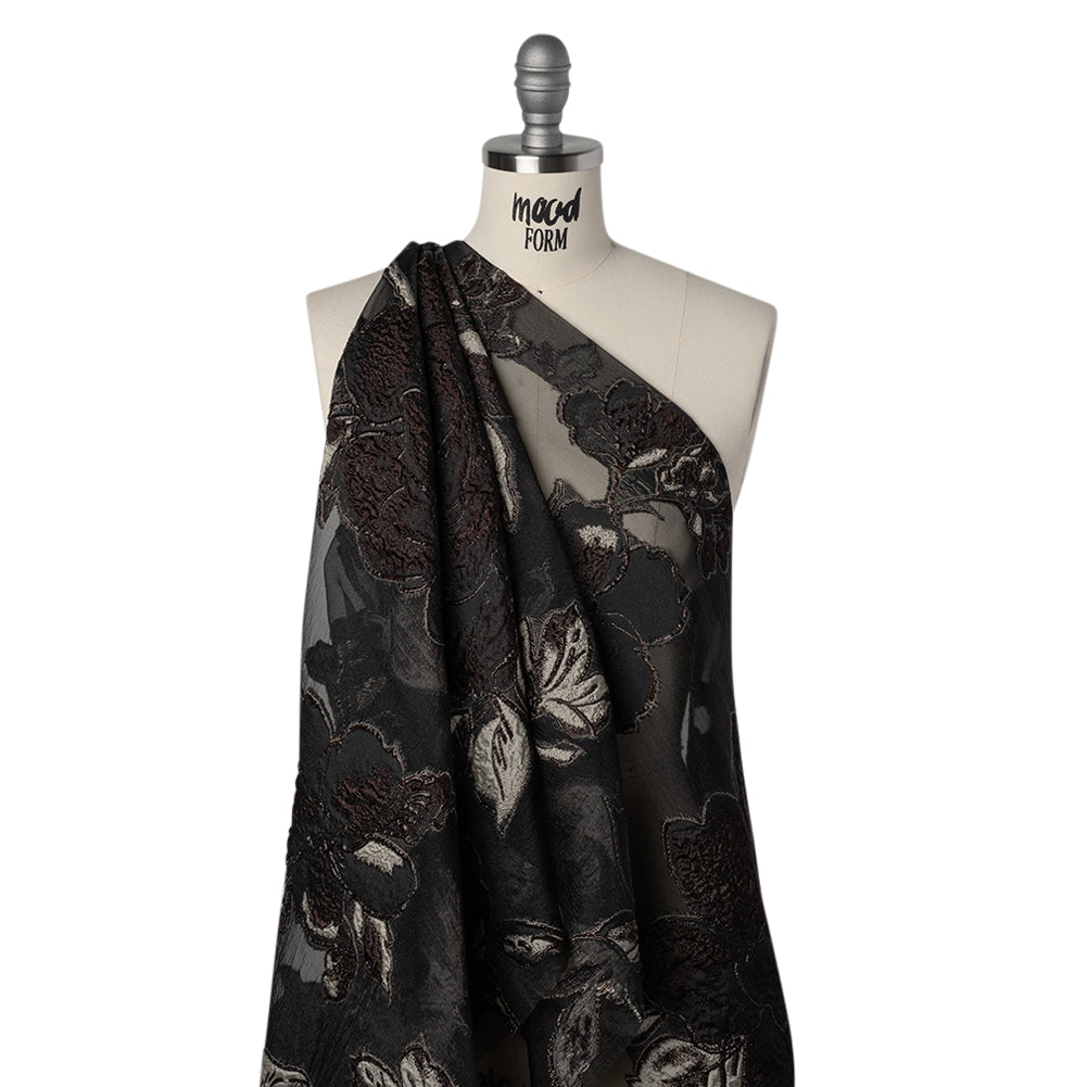 Metallic Polyester and Acetate Burnout Brocade - Beige, Dark Brown and Black Rose Garden