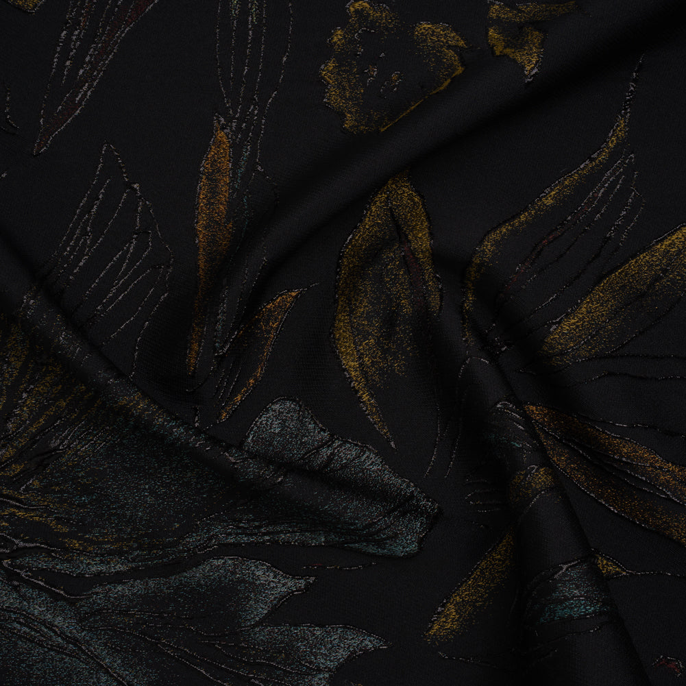 Metallic Acetate and Polyester Brocade - Black, Golden Yellow and Aqua Blue Delicate Flowers