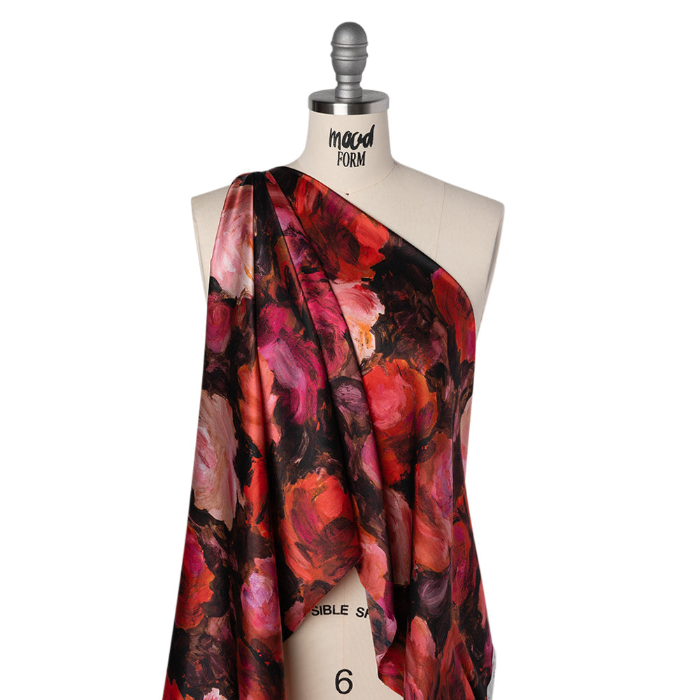 Silk Charmeuse Print 16MM, Made in Italy - Red, Pink and Brown Painted Roses