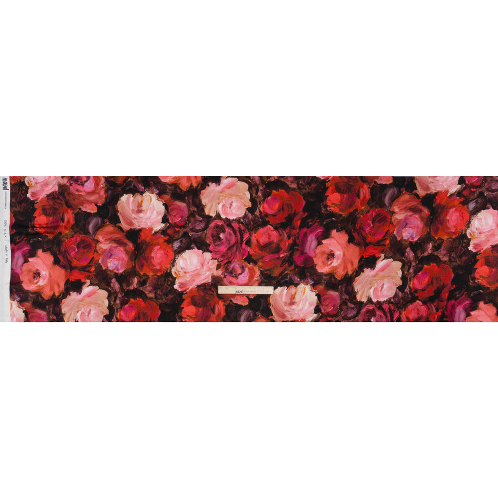 Silk Charmeuse Print 16MM, Made in Italy - Red, Pink and Brown Painted Roses