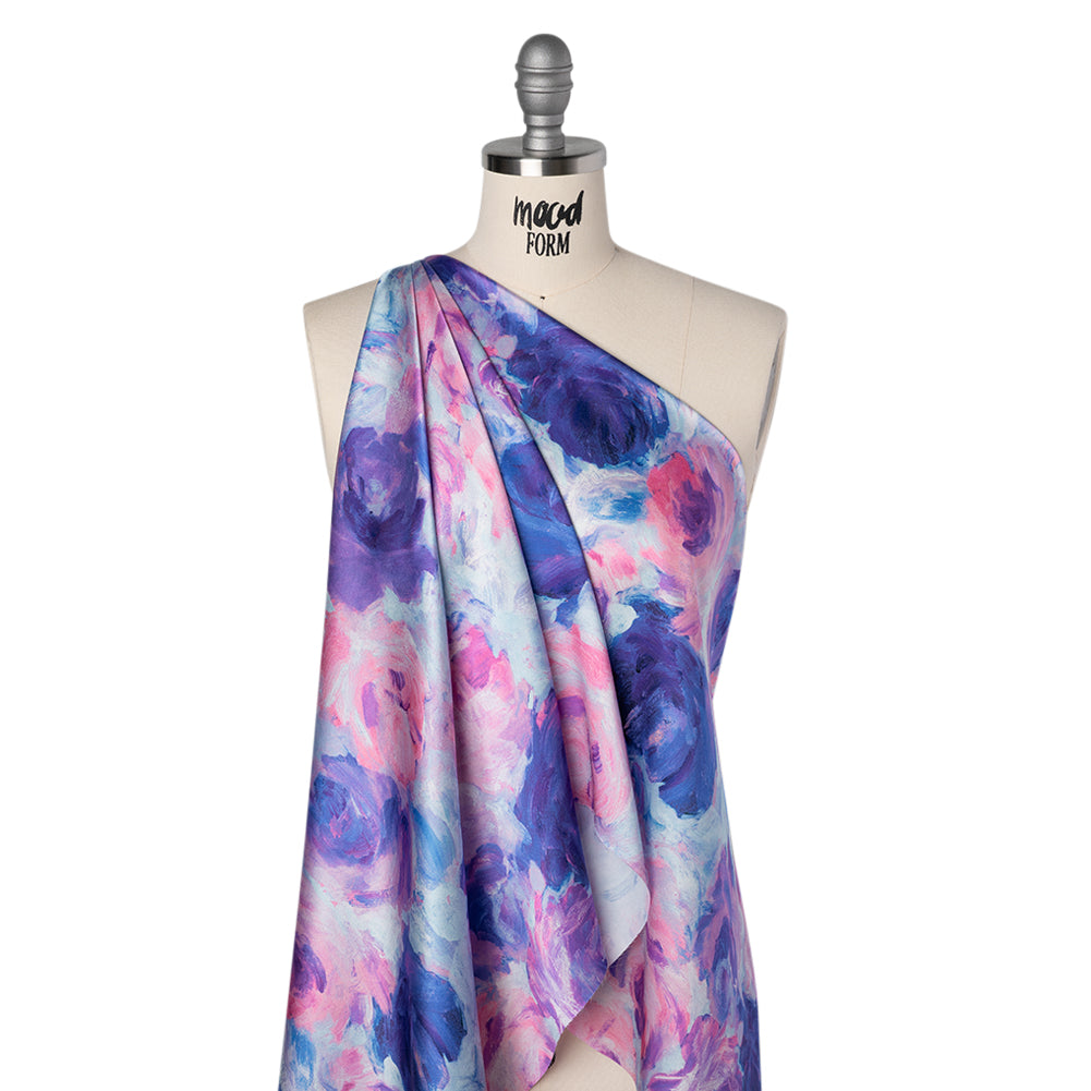 Silk Charmeuse Print 16MM, Made in Italy - Baby Pink, Light Blue and Periwinkle Painted Roses