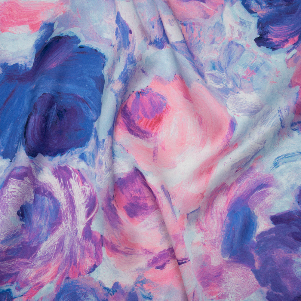 Silk Charmeuse Print 16MM, Made in Italy - Baby Pink, Light Blue and Periwinkle Painted Roses