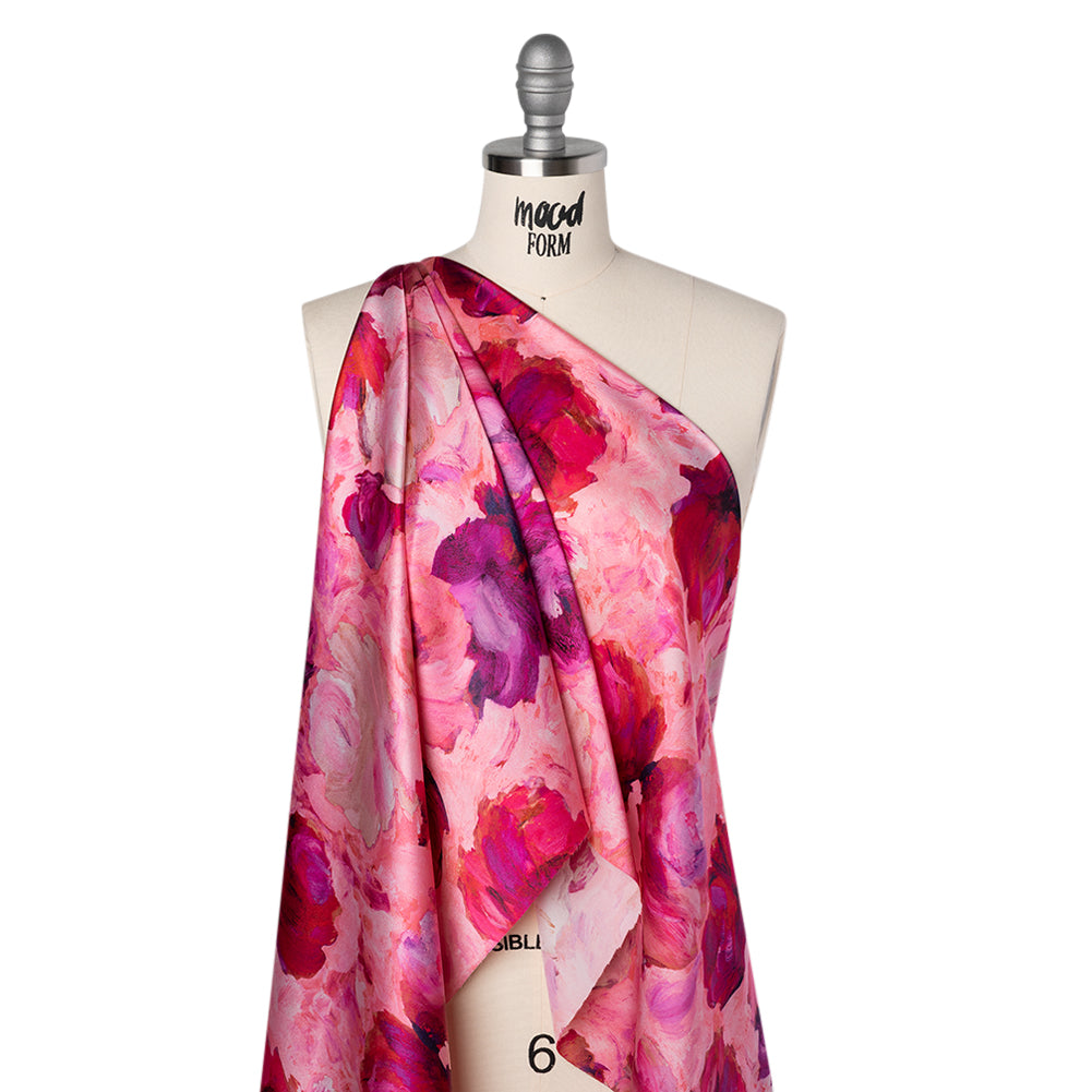 Silk Charmeuse Print 16MM, Made in Italy - Pink, Red and Fuchsia Painted Roses