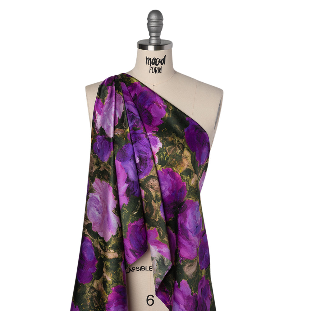 Silk Charmeuse Print 16MM, Made in Italy - Forest Green and Royal Purple Painted Roses