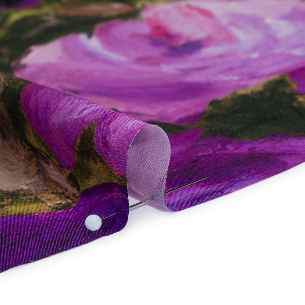 Silk Charmeuse Print 16MM, Made in Italy - Forest Green and Royal Purple Painted Roses