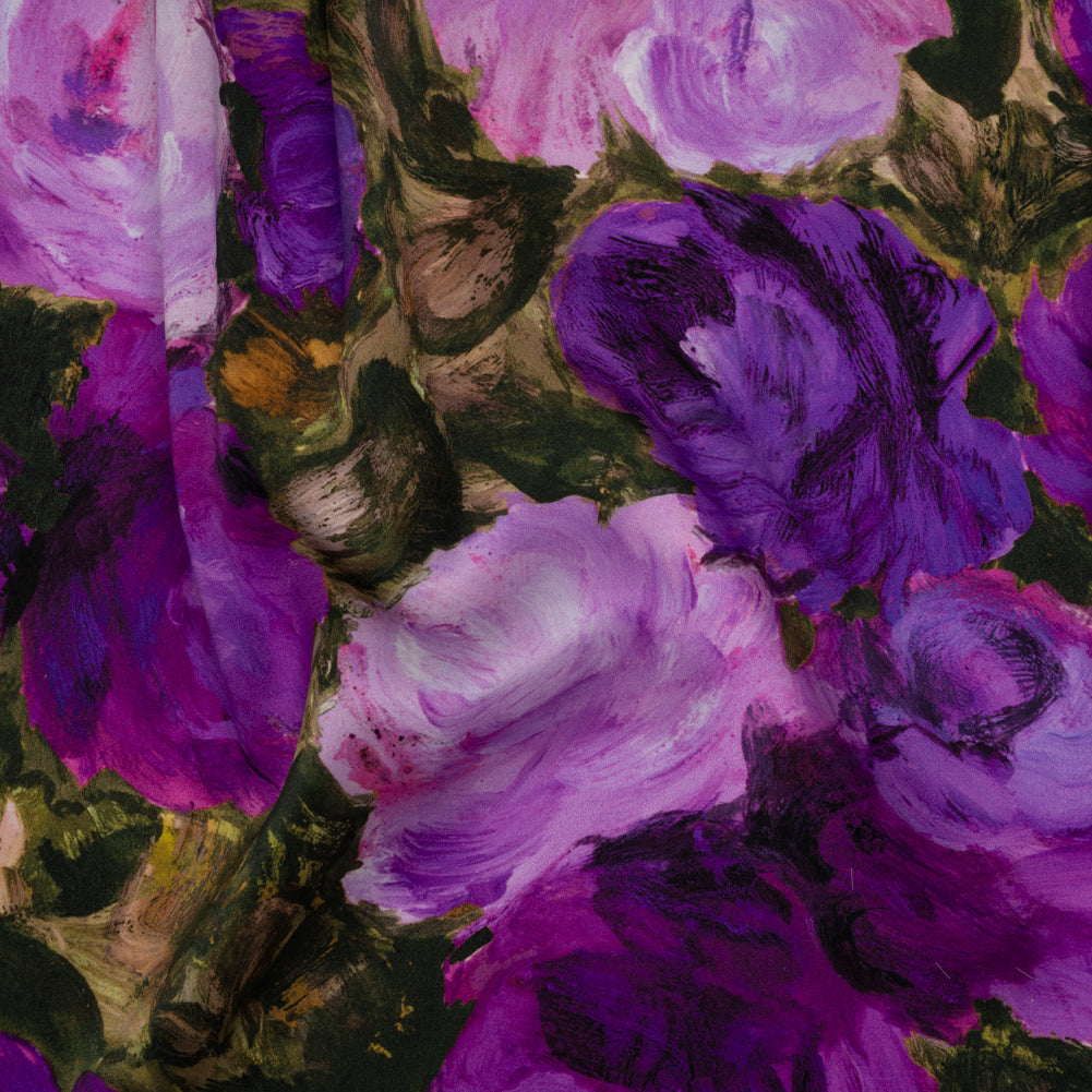 Silk Charmeuse Print 16MM, Made in Italy - Forest Green and Royal Purple Painted Roses