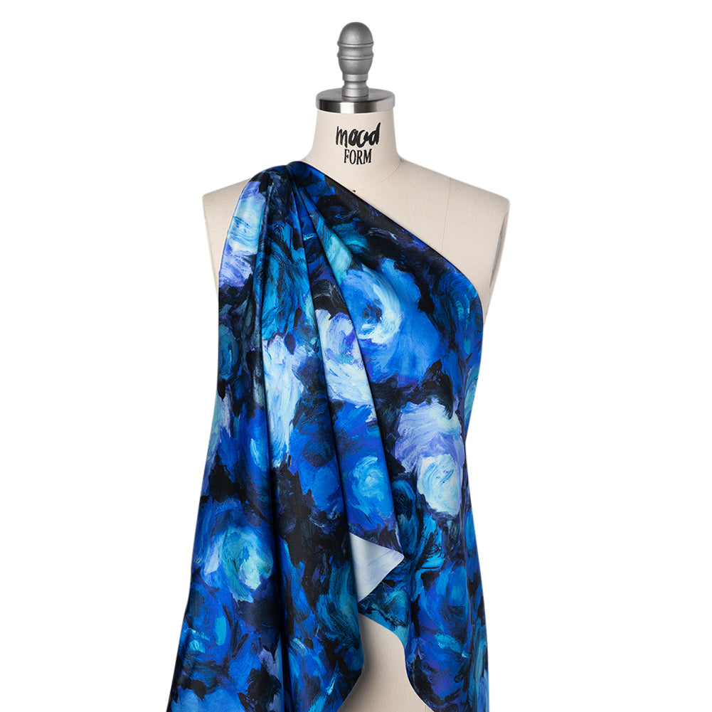 Silk Charmeuse Print 16MM, Made in Italy - Sky Blue, Phthalo and Navy Painted Roses