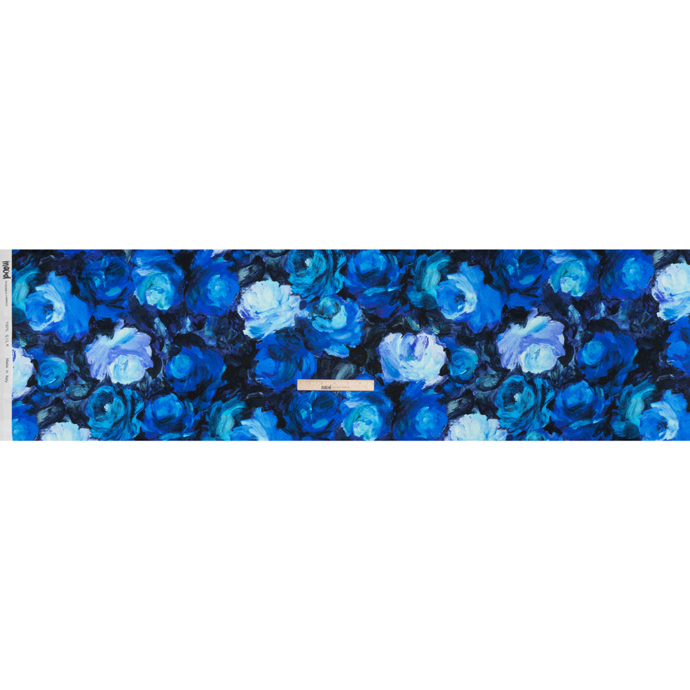 Silk Charmeuse Print 16MM, Made in Italy - Sky Blue, Phthalo and Navy Painted Roses