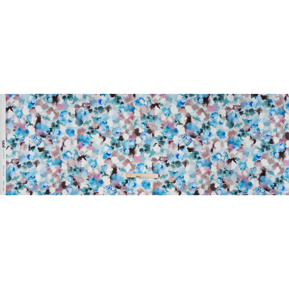 Silk Charmeuse Print 16MM, Made in Italy - Blue, Teal and Brown Abstracted Watercolor Flowers