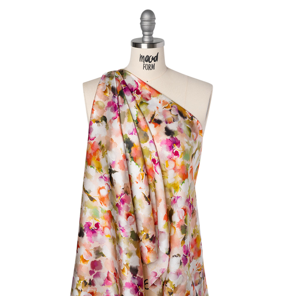 Silk Charmeuse Print 16MM, Made in Italy - Peach, Olive Green and Fuchsia Abstracted Watercolor Flowers
